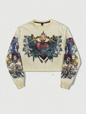ROMWE Avant Men's Cross Pattern Flaming Heart Graphic Sweatshirt – Size Small 36